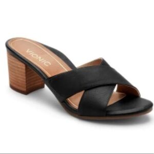 VIONIC PEP LORNE STACKED HEEL LEATHER SLIDE BLACK CROSS‎ STRAP​​​​​